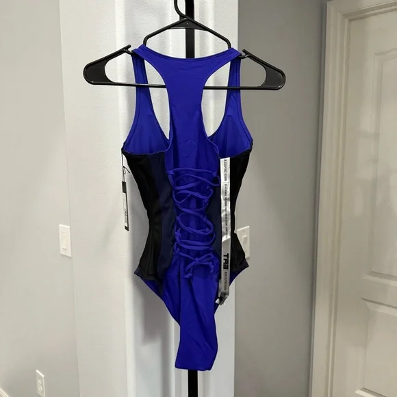 TA3 Scoopy Seamed Zip Sculpting One Piece NWT XS XLong Contour Blue Black - Picture 9 of 15